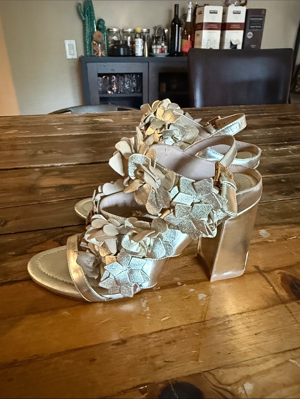 Tory Burch Gold Floral Block Heel Sandals